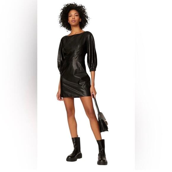 BA&SH Dresses & Skirts - ba&sh Black Robe Sae Faux Leather Balloon Sleeve Mini Dress Sz S